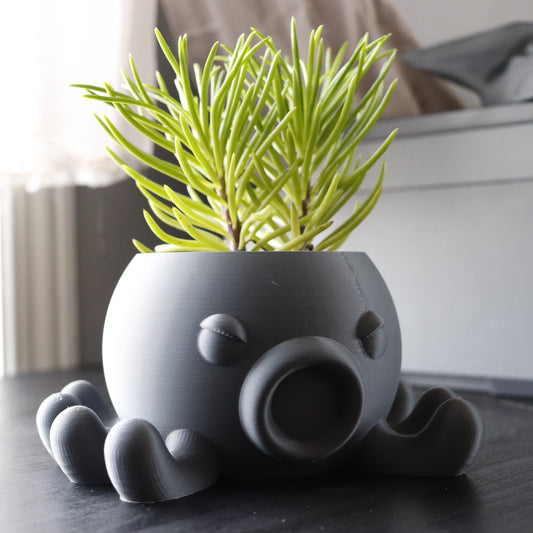 Cute little gray octopus planter on a black table