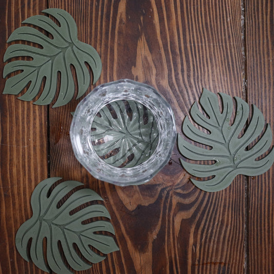Green Monstera Leaf Coaster Set